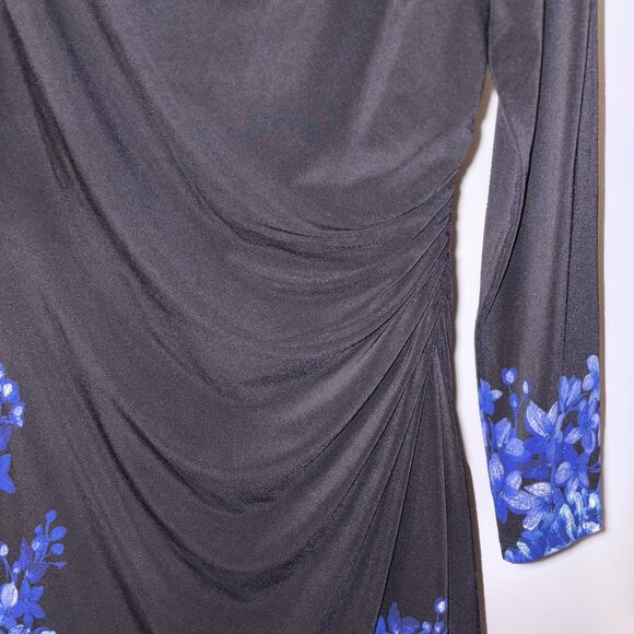 Lauren Ralph Lauren Dress Women's Black Blue Floral Long Sleeve Ruched Size 10P - Picture 7 of 12